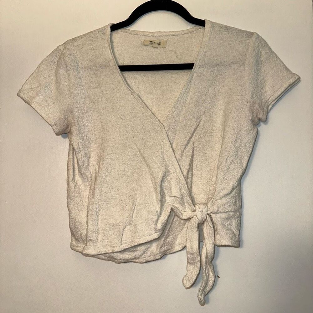 Madewell Women’s Small Textured V Neck Wrap Top Short Sleeve Cream Beige GUC